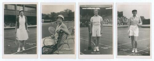 Ladies tennis player postcards 1920s/ 1930s. Four excellent original mono real photograph postcards of lady tennis players in a series issued by Edwin Trim & Co. of Wimbledon. Player&rsquo;s and publisher&rsquo;s name printed to lower margin of each. Includes two of 