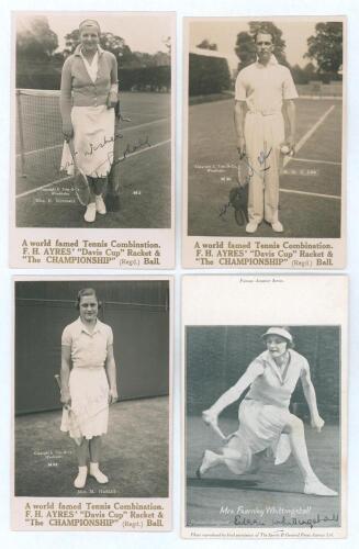 Tennis signed advertising trade/ postcards early c.1932. Four collector&rsquo;s cards, each signed in ink by the featured player. Three are real mono photographs with printed caption to lower border, &lsquo;A world famed Tennis Combination. F.H. Ayres&rsquo; &ldquo;Davis Cup&rdquo; Ra