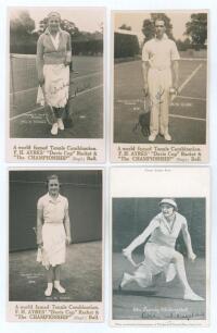 Tennis signed advertising trade/ postcards early c.1932. Four collector&rsquo;s cards, each signed in ink by the featured player. Three are real mono photographs with printed caption to lower border, &lsquo;A world famed Tennis Combination. F.H. Ayres&rsquo; &ldquo;Davis Cup&rdquo; Ra