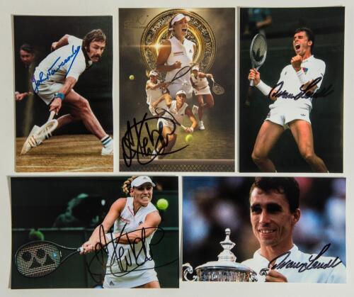 Signed tennis cards 1970s-2010s. Five colour postcards/ promotional cards, each signed by the featured player. Signatures are John Newcombe, Ivan Lendl (two different), and Angelique Kerber two different, one a &lsquo;2018 Wimbledon Champion&rsquo; promotional card. 