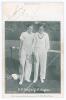 Fred Perry and Pat Hughes c.1933. Mono &lsquo;Famous Amateur Series&rsquo; advertising trade/ postcard for &lsquo;Bow Brand&rsquo; tennis racquet strings. The front features a mono image of &lsquo;F.J. Perry & G.P. Hughes&rsquo; standing together at the net wearing tennis attire. Signed to 