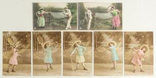 &lsquo;Tennis by the Lake&rsquo; and &lsquo;Girl Tennis player&rsquo;. Pair of early Edwardian chromolithographic colour postcards of a man and a woman in tennis pose by a lake. Published by J.W. Berlin, Graficas, and numbered 199/4 and 199/6. Sold with &lsquo;Girl Tennis player&rsquo;, ser