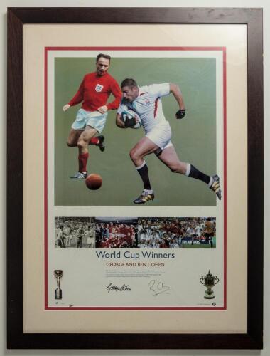 Fulham F.C. Two framed and glazed Fulham related items. One is a &lsquo;World Cup Winners, George and Ben Cohen&rsquo; print featuring a colour image of George Cohen of Fulham F.C. and member of the England 1966 World Cup winning team, and his son, Ben Cohen, who was