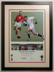Fulham F.C. Two framed and glazed Fulham related items. One is a &lsquo;World Cup Winners, George and Ben Cohen&rsquo; print featuring a colour image of George Cohen of Fulham F.C. and member of the England 1966 World Cup winning team, and his son, Ben Cohen, who was