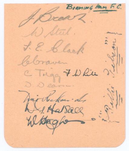 Birmingham City F.C. 1938/39. Album page nicely signed by eleven players, six in ink, five in pencil. Signatures in ink include Dai Richards, Wally Halsall, Billy Gibson (trainer) and one other, and in pencil, Jackie Brown, Willie Steel, Frank Clack, Char