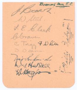 Birmingham City F.C. 1938/39. Album page nicely signed by eleven players, six in ink, five in pencil. Signatures in ink include Dai Richards, Wally Halsall, Billy Gibson (trainer) and one other, and in pencil, Jackie Brown, Willie Steel, Frank Clack, Char