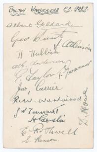 Bolton Wanderers F.C. 1938/39. Small plain card nicely signed in ink by fourteen players. Signatures are Albert Geldard, George Hunt, Jack Atkinson, Harry Hubbick, Alf Anderson, George Taylor, Tom Grosvenor, Jim Currier, Ray Westwood, Jack Tennant, Harry 