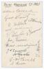 Bolton Wanderers F.C. 1938/39. Small plain card nicely signed in ink by fourteen players. Signatures are Albert Geldard, George Hunt, Jack Atkinson, Harry Hubbick, Alf Anderson, George Taylor, Tom Grosvenor, Jim Currier, Ray Westwood, Jack Tennant, Harry 