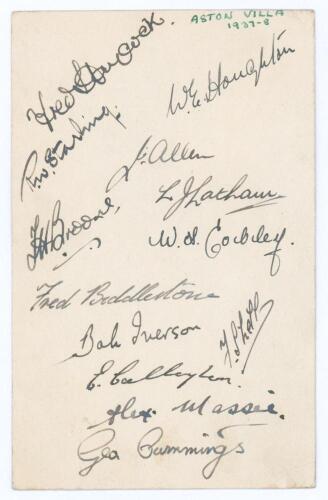 Aston Villa F.C. 1937/38. Plain postcard nicely signed in ink by thirteen players. Signatures include Freddie Haycock, Eric Houghton, Ronnie Starling, Jimmy Allen, Frank Broome, Les Latham, Fred Biddlestone, Bob Iverson, Ernie Callaghan, Alex Massie, Geor