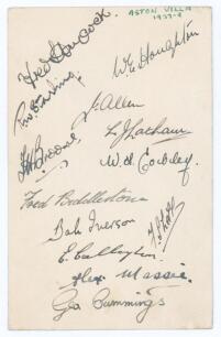 Aston Villa F.C. 1937/38. Plain postcard nicely signed in ink by thirteen players. Signatures include Freddie Haycock, Eric Houghton, Ronnie Starling, Jimmy Allen, Frank Broome, Les Latham, Fred Biddlestone, Bob Iverson, Ernie Callaghan, Alex Massie, Geor