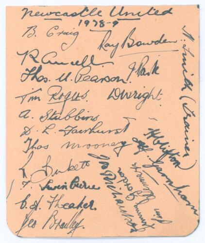 Newcastle United F.C. 1938/39. Album page nicely signed in black ink by nineteen players, also the trainer, Norman Smith. Players&rsquo; signatures include Benny Craig, Ray Bowden, Bobby Ancell, John Park, Tommy Pearson, Tim Rogers, Doug Wright, Albert Stubbins