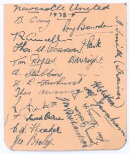 Newcastle United F.C. 1938/39. Album page nicely signed in black ink by nineteen players, also the trainer, Norman Smith. Players&rsquo; signatures include Benny Craig, Ray Bowden, Bobby Ancell, John Park, Tommy Pearson, Tim Rogers, Doug Wright, Albert Stubbins