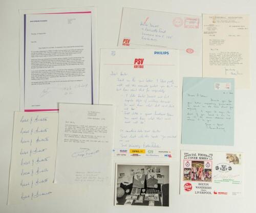 Signed football ephemera. A selection of signed letters, magazine cuttings, commemorative cover etc. Includes five letters with signatures of Stanley Rouse, Secretary of the Football Association dated 1955, Bobby Robson (England manager) to Hunter Davies 