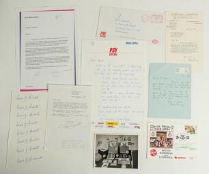 Signed football ephemera. A selection of signed letters, magazine cuttings, commemorative cover etc. Includes five letters with signatures of Stanley Rouse, Secretary of the Football Association dated 1955, Bobby Robson (England manager) to Hunter Davies 