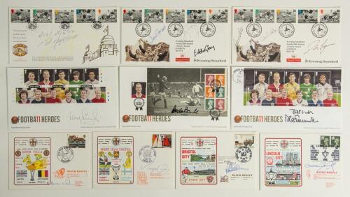 Football signed commemorative covers 1975-2013. Fourteen signed football commemorative covers. Includes four limited edition &lsquo;Official Football League Series&rsquo; No. 5 Aston Villa v Antwerp 1975 signed by Brian Little, No. 7 West Ham v Lahden Reipas 1975 sig
