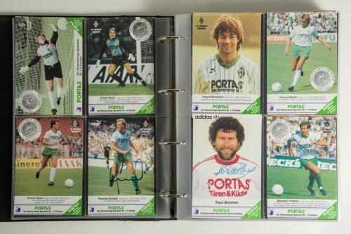 German and European football circa late 1980/early 1990&rsquo;s. A large maroon album containing a large collection of club and trade postcards of German and European players, many signed by the players featured. Club cards are for SV Werder Bremen, Eintracht F