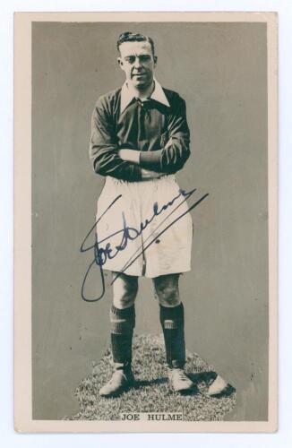 Joe Hulme. Mono real photograph postcard of Hulme, full length in Arsenal strip c.1928/29. Very nicely signed to the photograph &lsquo;Joe Hulme&rsquo;, with printed title to lower edge. Publisher unknown. Postally unused. Very good condition.
