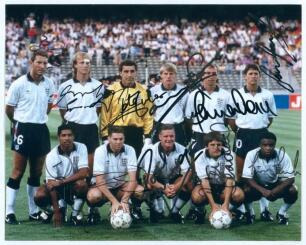 England World Cup 1990. Original colour photograph of the England team lined up for what appears to be the World Cup Semi-Final v West Germany played at Turin 4th July 1990. The photograph signed by all eleven England players who started the match. Signat
