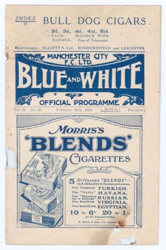 Manchester City v Burnley. Season 1923/24. Football League Division 1. Original official programme for the League match played at Maine Road on the 16th February 1924. Vol. 18 no. 27. The match ended 2-2. Heavy rusting to staples, some wear, staining and 