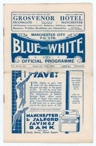 Manchester City v Blackburn Rovers. Season 1931/32. Football League Division 1. Original official programme for the League match played at Maine Road on the 20th February 1932. Vol. 26 no. 29. Manchester City won 3-1. Scores and scorers annotated in penci