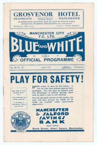 Manchester City v Portsmouth. Season 1933/34. Football League Division 1. Original official programme for the League match played at Maine Road on the 7th April 1934. Vol. 28 no. 37. Manchester City won 2-1. No annotations to pages. Some rusting to staple