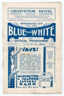 Manchester City v Aston Villa. Season 1932/33. Football League Division 1. Original official programme for the League match played at Maine Road on the 26th November 1932. Vol. 27 no. 15. Manchester City won 5-2. Annotations in ink and pencil to centre fi