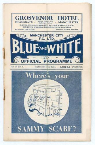 Manchester City v Stoke City. Season 1934/35. Football League Division 1. Original official programme for the League match played at Maine Road on the 15th September 1934. Vol. 29 no. 5. Manchester City won 3-1. Scores annotated in pencil to centre field 