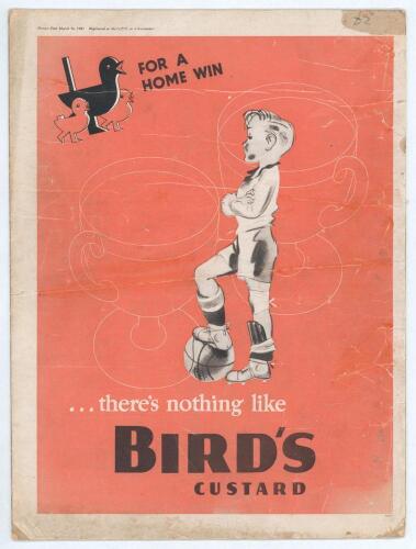 Bird&rsquo;s Custard 1940. &lsquo;For a Home Win... there&rsquo;s nothing like Bird&rsquo;s Custard&rsquo;. Original full page advertisement from &lsquo;Picture Post&rsquo;, 16th March 1940, of a boy depicted in football attire with one foot resting on a ball, with outlines of two trophies on a 
