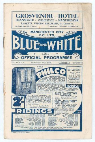 Manchester City v Birmingham City. Season 1936/37. League Division 1. Original official programme for the League match played at Maine Road on the 16th September 1936. Vol. 31 no. 5. The match was drawn 1-1. No annotations to pages. Rusting to staples, li