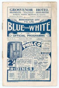 Manchester City v Birmingham City. Season 1936/37. League Division 1. Original official programme for the League match played at Maine Road on the 16th September 1936. Vol. 31 no. 5. The match was drawn 1-1. No annotations to pages. Rusting to staples, li