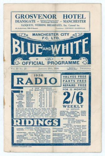 Manchester City v Luton Town. Season 1935/36. F.A. Cup 4th Round. Original official programme for the Cup match played at Maine Road on the 25th January 1936. Vol. 30 no. 25. Manchester City won 2-1. Annotations in pencil to first page. Rusting to staples