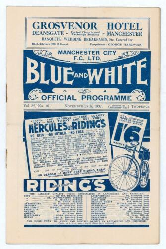 Manchester City v Grimsby Town. Season 1937/38. League Division 1. Original official programme for the League match played at Maine Road on the 27th November 1937. Vol. 32 no. 16. Manchester City won 3-1. Scores and other annotations to centre field of pl