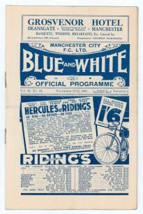 Manchester City v Grimsby Town. Season 1937/38. League Division 1. Original official programme for the League match played at Maine Road on the 27th November 1937. Vol. 32 no. 16. Manchester City won 3-1. Scores and other annotations to centre field of pl
