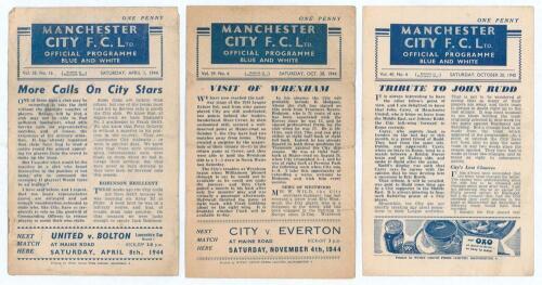 Manchester City wartime home programmes 1943/44-1945/46. Three official four page programmes for matches played at Maine Road. Matches are v Birmingham City, Football League War Cup 3rd round, Maine Road, 1st April 1944, Vol. 38 no. 16. Manchester City wo