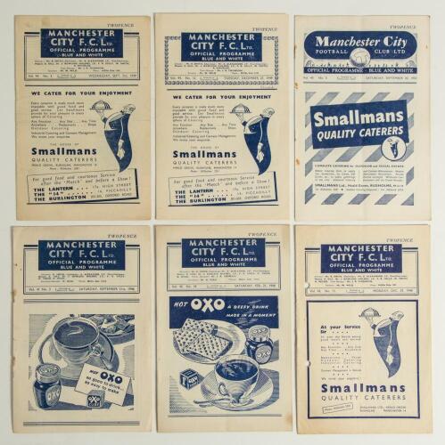 Manchester City home programmes 1946/47-1950/51. Six official programmes for League Division 1 matches (one exception) played at Maine Road. Matches are v Bradford (Park Avenue), League Division 2, Vol. 41 no. 3, (City won 7-2, annotations). v Blackpool 2