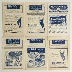 Manchester City home programmes 1946/47-1950/51. Six official programmes for League Division 1 matches (one exception) played at Maine Road. Matches are v Bradford (Park Avenue), League Division 2, Vol. 41 no. 3, (City won 7-2, annotations). v Blackpool 2