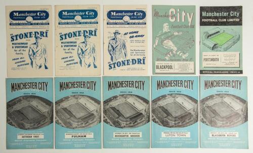 Manchester City home programmes 1951/52-1959/60. Twenty nine official programmes for League Division 1 (one exception) home matches played at Maine Road. Programmes are for seasons 1951/52 v Blackpool, 1952/53 v Luton Town, 1953/54 v Arsenal, 1954/55 v Bl