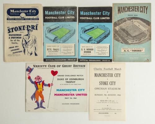 Manchester City friendlies 1951/52-1964/65. Six official programmes for friendlies, five for matches at Maine Road, one rarer in the Isle of Man. Matches are v River Plate 2nd February 1952, v M.T.K. (Hungary) 6th December 1956, v Werder Bremen 11th March