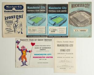 Manchester City friendlies 1951/52-1964/65. Six official programmes for friendlies, five for matches at Maine Road, one rarer in the Isle of Man. Matches are v River Plate 2nd February 1952, v M.T.K. (Hungary) 6th December 1956, v Werder Bremen 11th March
