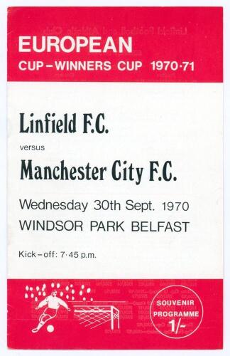 Manchester City v Linfield. European Cup Winners Cup 1970/71. Official programme for the 1st Round 2nd Leg match played at Windsor Park, Belfast 30th September 1970. Linfield won 2-1, aggregate 2-2, Manchester City going through on the away goals rule. No