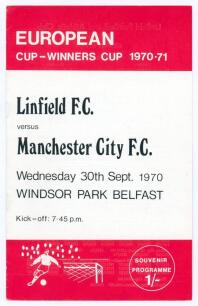Manchester City v Linfield. European Cup Winners Cup 1970/71. Official programme for the 1st Round 2nd Leg match played at Windsor Park, Belfast 30th September 1970. Linfield won 2-1, aggregate 2-2, Manchester City going through on the away goals rule. No