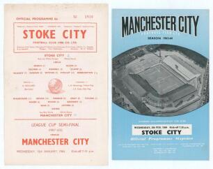 Manchester City v Stoke City. Football League Cup 1963/64. Two official programmes, one for the 1st leg played at Stoke-on-Trent 15th January 1964, Stoke won 2-0, scores annotated to the front, the other for the 2nd leg at Maine Road 5th February 1964, Ma