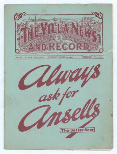 Manchester City v Arsenal 1931/32. F.A. Cup Semi-final. Early official programme for the match played at Villa Park 12th March 1932. Arsenal won 1-0. No annotations. Folds, heavy wear, tears to wrapper and page edges throughout. Overall in fair condition.