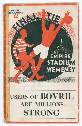 Manchester City v Portsmouth 1933/34. F.A. Cup Final. Official programme for the Final played at Wembley Stadium 28th April 1934. No annotations. Light vertical fold. Wrappers detached with wear, nicks to edges, old tape repair to spine and loss to rear w