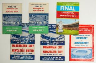 Manchester City F.C. F.A. Cup Finals 1955-2019. Eight official programmes for Finals played at Wembley Stadium. Matches are v Newcastle United 1955 (fold, annotations), v Birmingham City 1956 (fold, annotations), v Leicester City 1969 (light fold, annotat