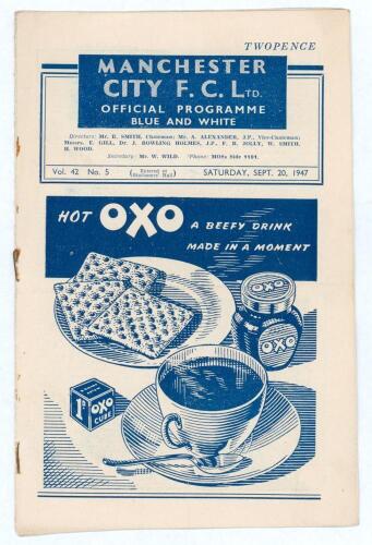 The Manchester Derby. Manchester City v Manchester United. Season 1947/48. League Division 1. Original official programme for the League match played at Maine Road on the 20th September 1947. Vol. 42 no. 5. The match was drawn 0-0. Small annotations to fi