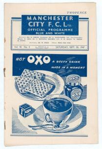 The Manchester Derby. Manchester City v Manchester United. Season 1947/48. League Division 1. Original official programme for the League match played at Maine Road on the 20th September 1947. Vol. 42 no. 5. The match was drawn 0-0. Small annotations to fi