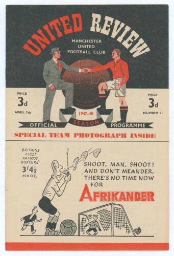 The Manchester Derby. Manchester United v Manchester City. Season 1947/48. League Division 1. Original official programme for the League match played at Maine Road on the 7th April 1948. Issue no. 21. The match was drawn 1-1. No annotations to pages. Very
