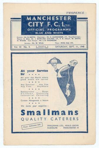 The Manchester Derby. Manchester City v Manchester United. Season 1948/49. League Division 1. Original official programme for the League match played at Maine Road on the 11th September 1948. Vol. 43 no. 4. The match was drawn 0-0. Annotations in ink to c