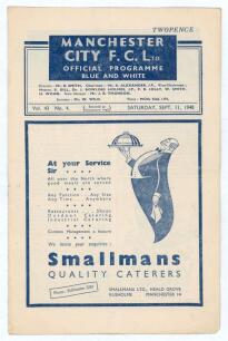 The Manchester Derby. Manchester City v Manchester United. Season 1948/49. League Division 1. Original official programme for the League match played at Maine Road on the 11th September 1948. Vol. 43 no. 4. The match was drawn 0-0. Annotations in ink to c